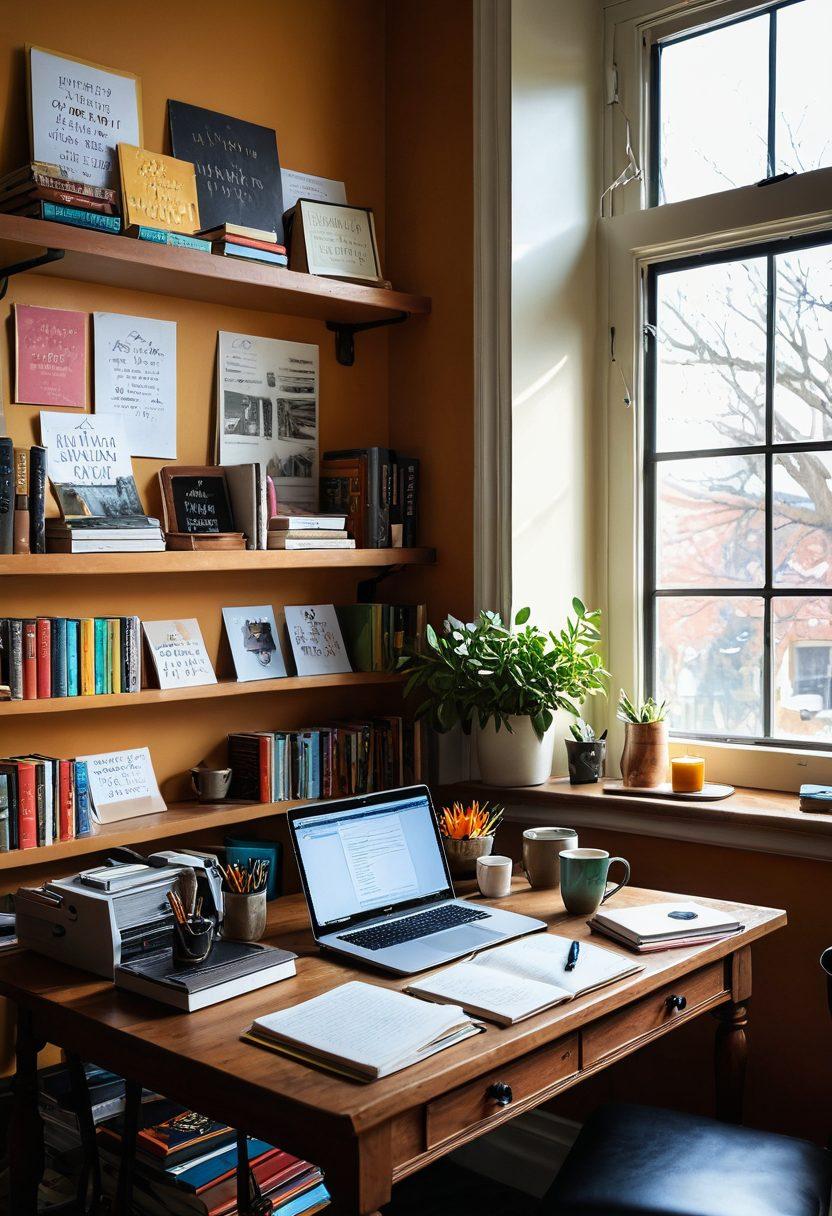 A creative workspace filled with books, notebooks, and a laptop, showcasing a cozy atmosphere. The scene includes a cup of coffee, inspirational quotes on the wall, and a large window with sunlight pouring in, symbolizing growth and inspiration for writers. Vibrant colors. 3D. Warm lighting.