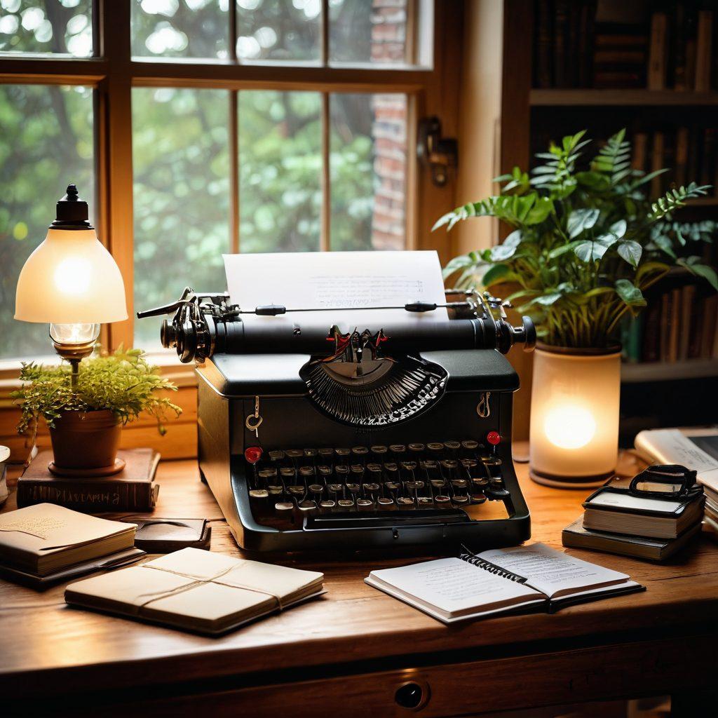 A vintage typewriter surrounded by an open notebook filled with handwritten notes, glowing ideas represented as light bulbs above, and a cozy coffee cup steaming beside it. In the background, a warm-lit room filled with books and plants to inspire creativity. Soft golden light filtering through a window. super-realistic. warm colors. cozy atmosphere.
