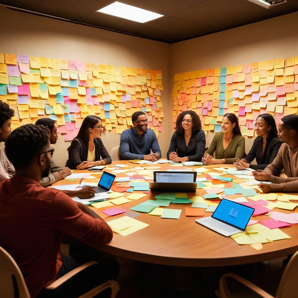 A diverse group of people sitting around a large, round table, engaging in lively discussions with laptops and notebooks open, illustrating a sense of community. The background features colorful sticky notes pinned to a wall, symbolizing shared ideas and experiences. Warm lighting creates an inviting atmosphere, fostering collaboration and connection. super-realistic. vibrant colors. cozy setting.